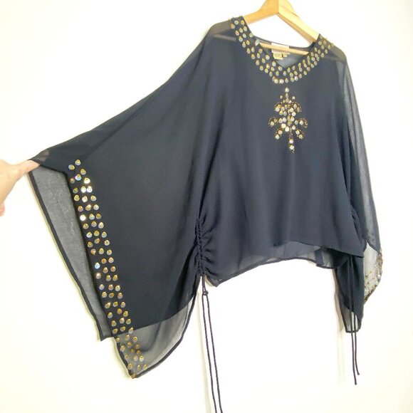 Vintage Midnight Velvet Black Sheer Sequin Batwing Evening Blouse Party Top L - Picture 3 of 9